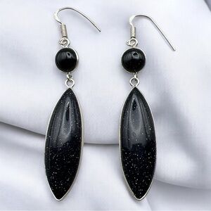 New Blue Sandstone w Black Onyx Long Silver Overlay Hook Earrings
